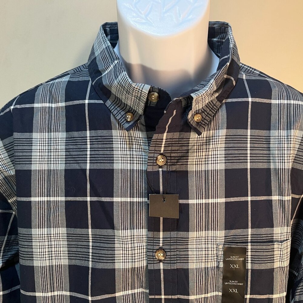 🔷 NWT Banana Republic Men’s 2XL XXL Blue White Plaid Slim Fit Untucked Shirt 👔